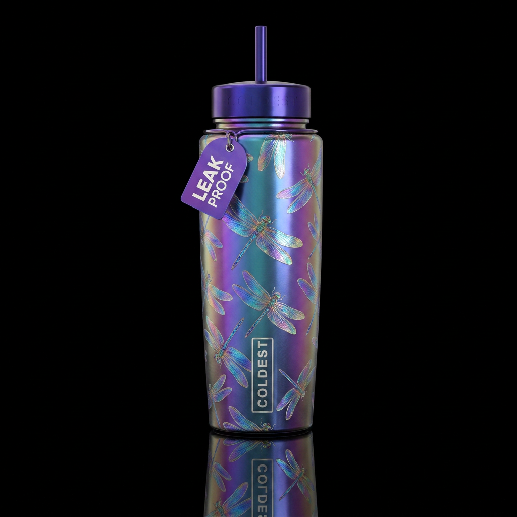 Holographic dragonflies water bottle design