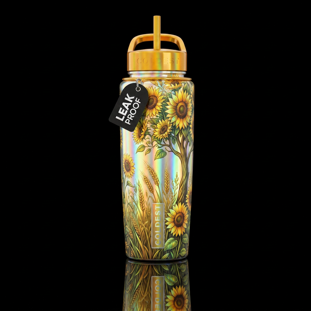 Holographic sunflowers, wheat & grass, tree water bottle design