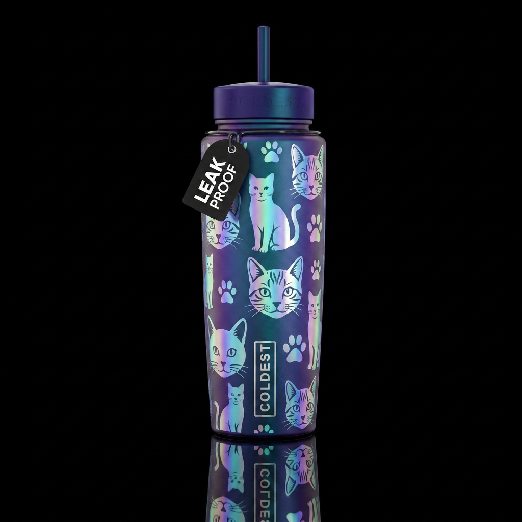 Holographic cats, faces, whole body water bottle design