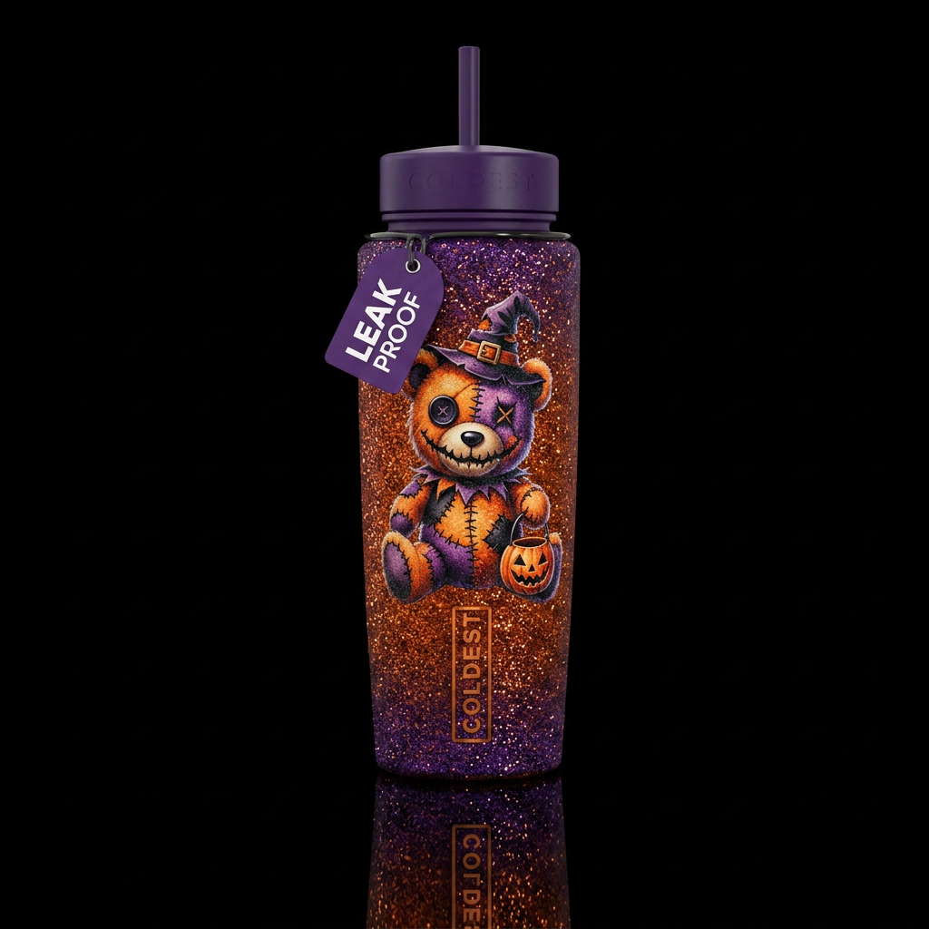 Glitter, Halloween teddy bear, creepy water bottle design