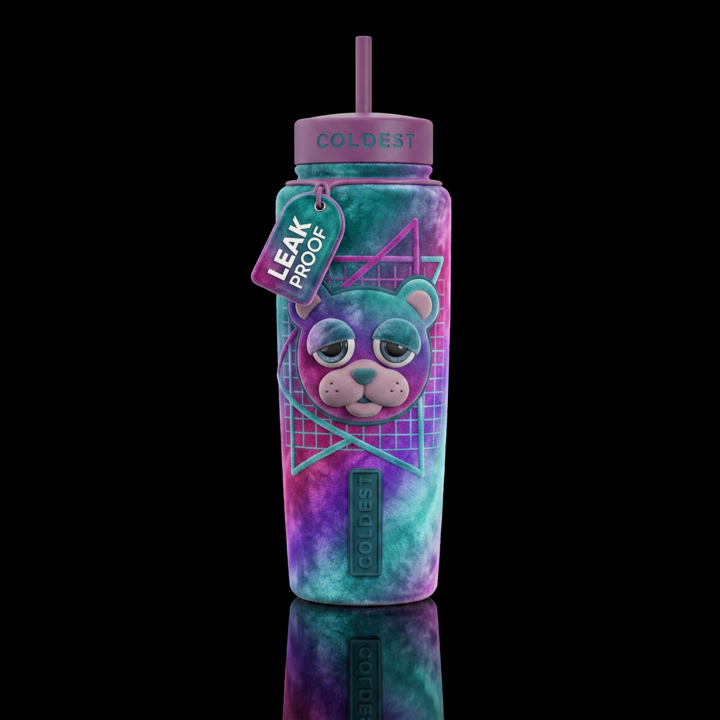 Vintage rubber face plush vaporwave velvet water bottle design