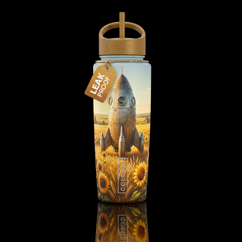 spaceship, realism in a sunflower/ wheat field water bottle design