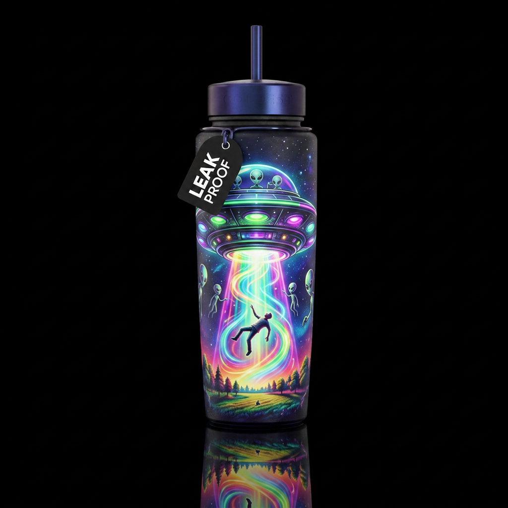 UFO w/ Aliens human abduction water bottle design