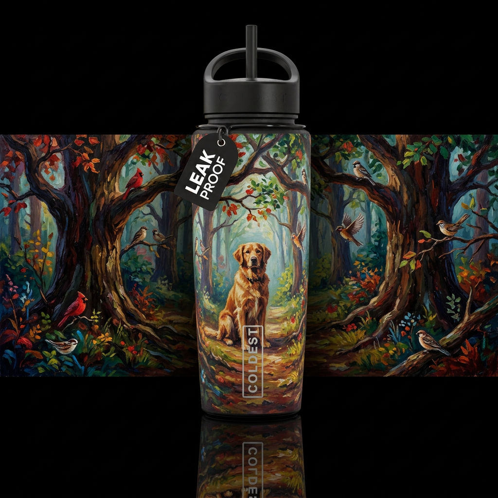 trees, rustic, dog, birds, oil painted water bottle design