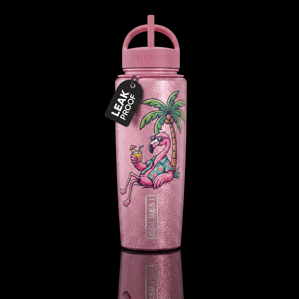 pink flamingo, sunglasses,  shirt, drink, under pa... water bottle design