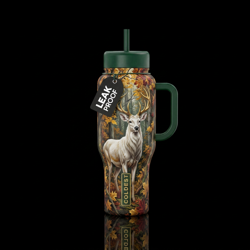 autumn leaves, white buck gold horns, tree water bottle design