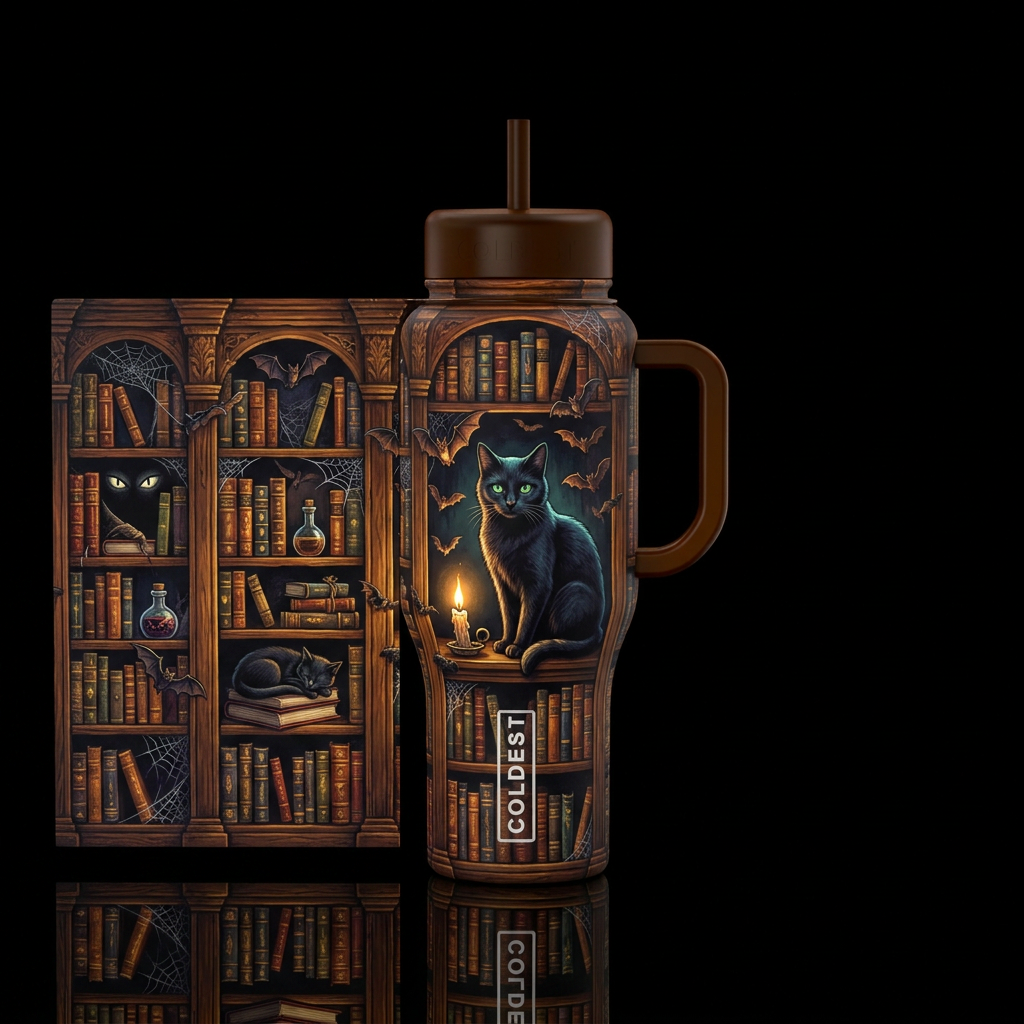 Halloween library, Bats, black cat & candle flame water bottle design