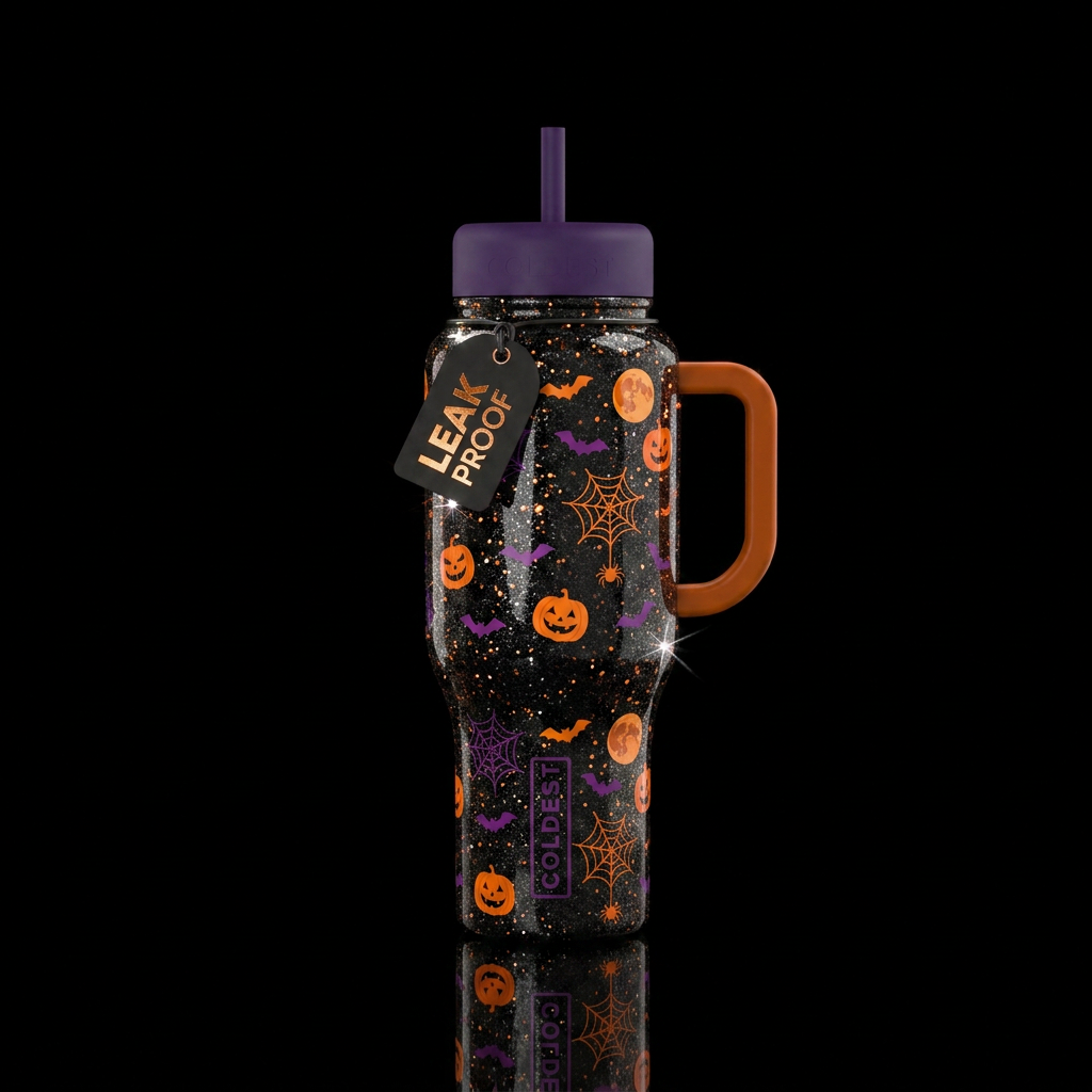 Shiny Halloween vibes, glittery water bottle design