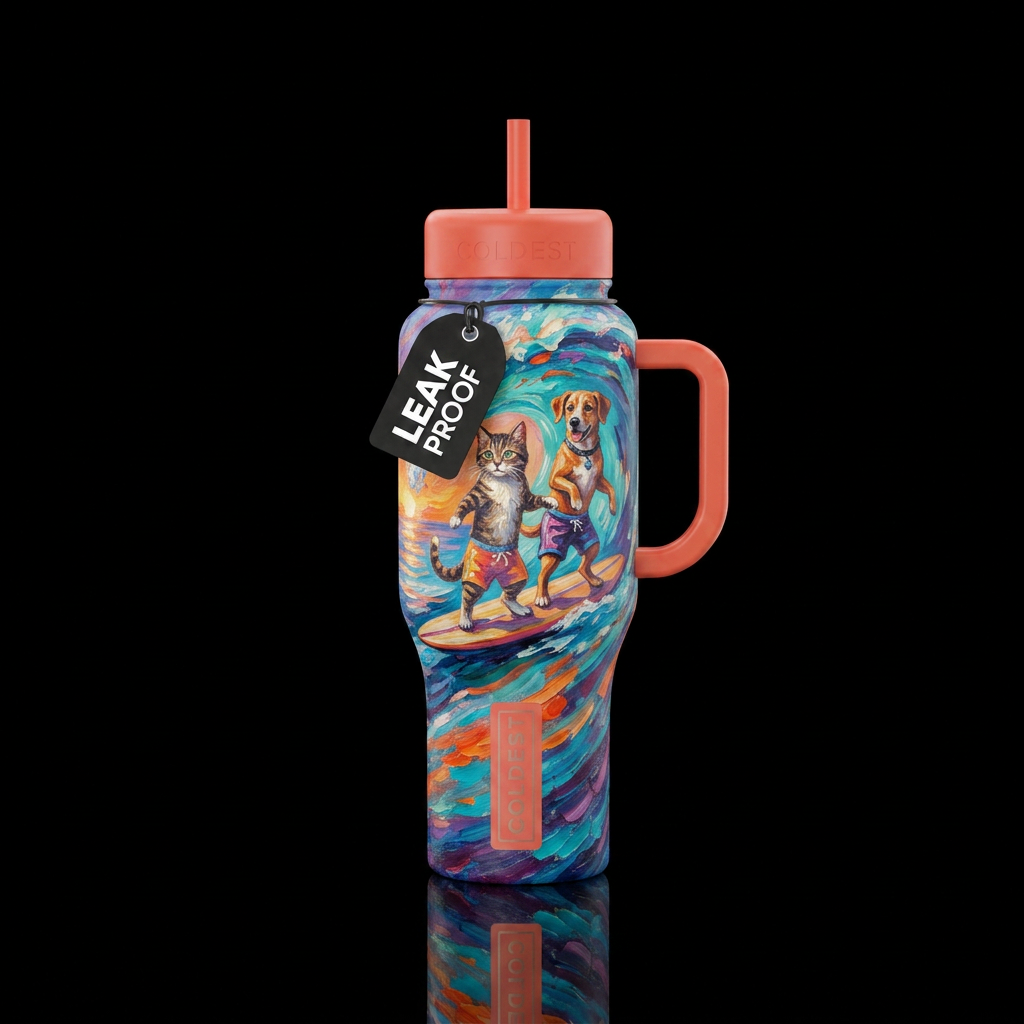 Oil painted Surfing cat & dog standing up water bottle design