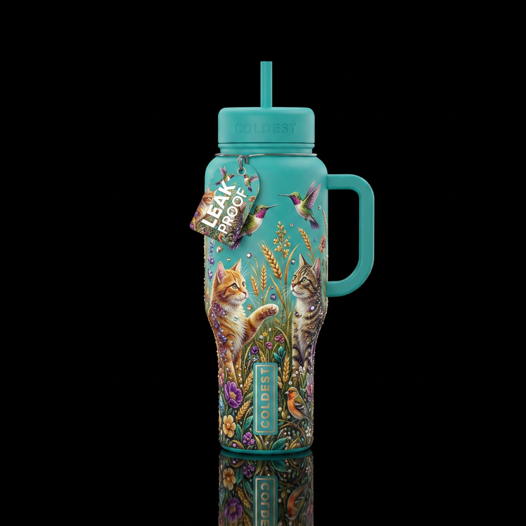 sparkly,   cat, bird,, beautiul, grain water bottle design
