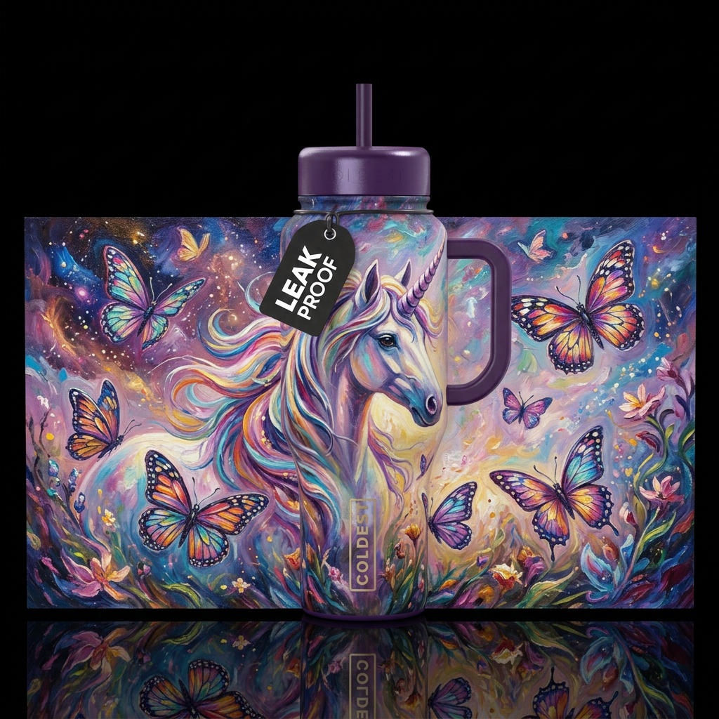 , unicorn, magical, stylistic, oil painted,, butte... water bottle design