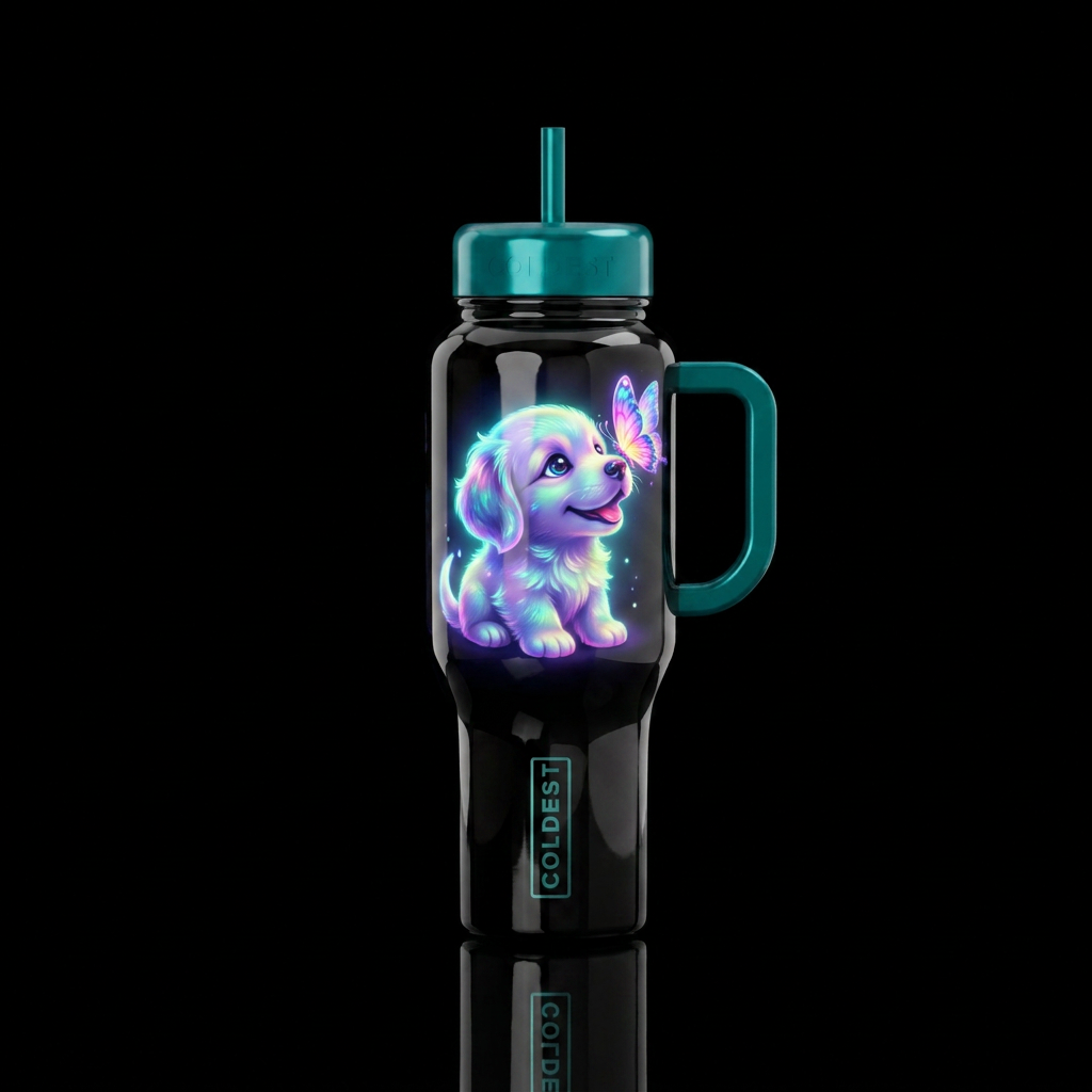 Glowie puppy w/ butterfly on his nose, shiny water bottle design