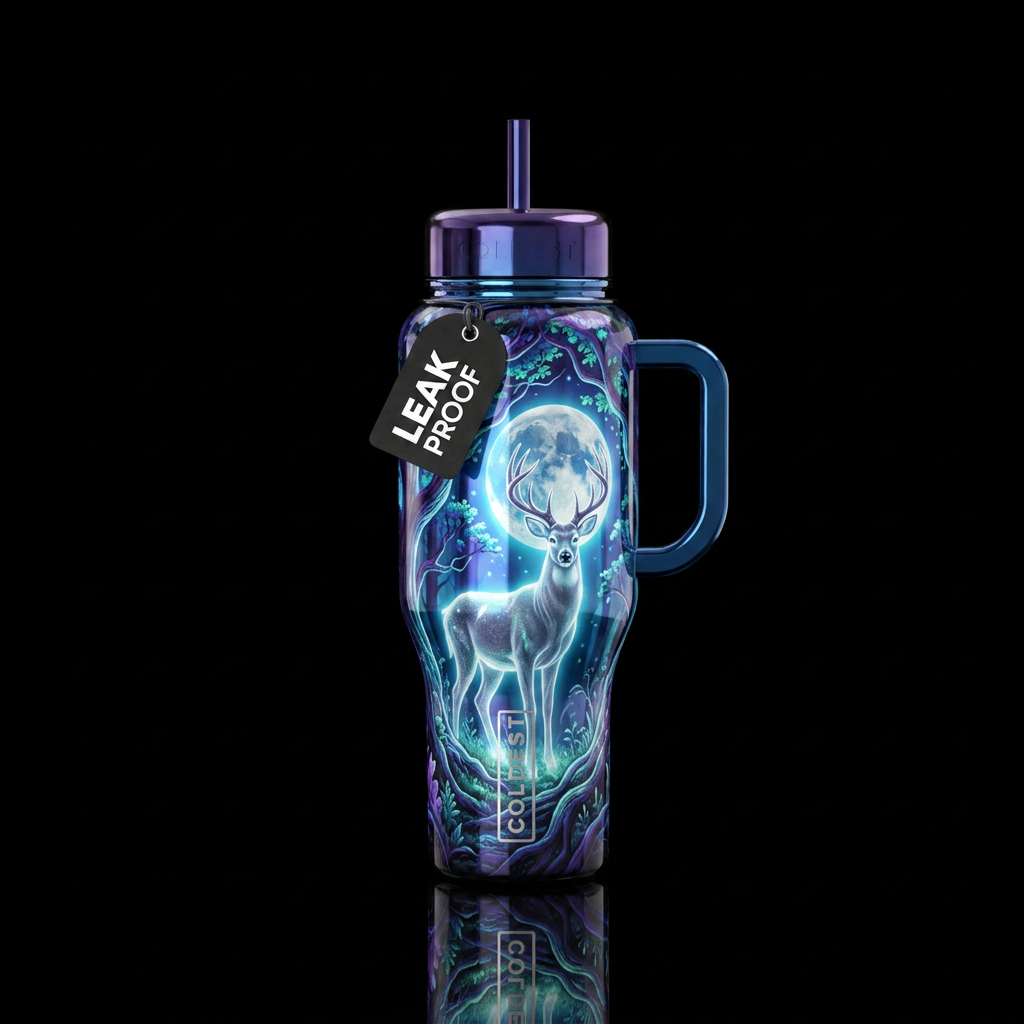 Ghost Buck, Moonlight, Tree, shiny water bottle design