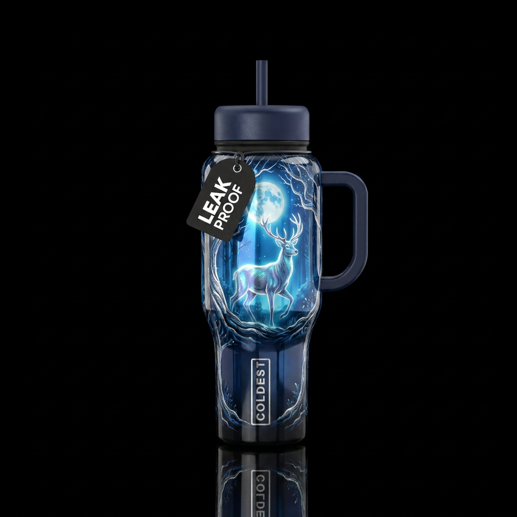 Ghost Buck, Moonlight, Tree, shiny water bottle design