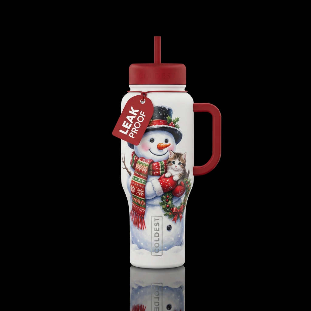 Mrs Snowy holding a kitten water bottle design