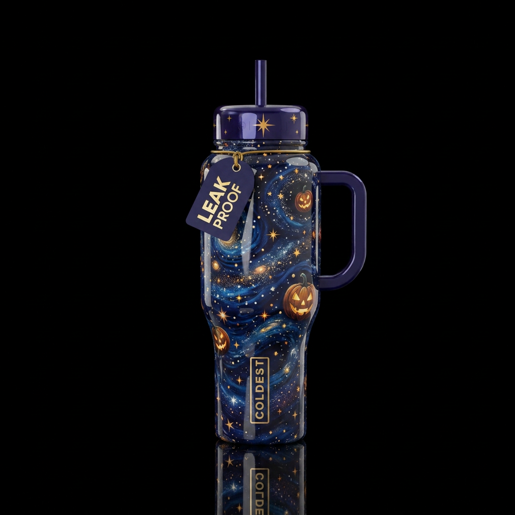Starry pumpkin night, shiny water bottle design