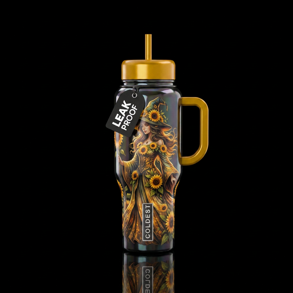 A witch covered in sunflowers for a dress, shiny water bottle design