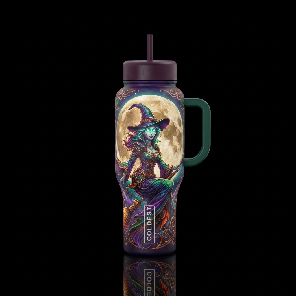 A witch with glowing eyes & a big moon water bottle design