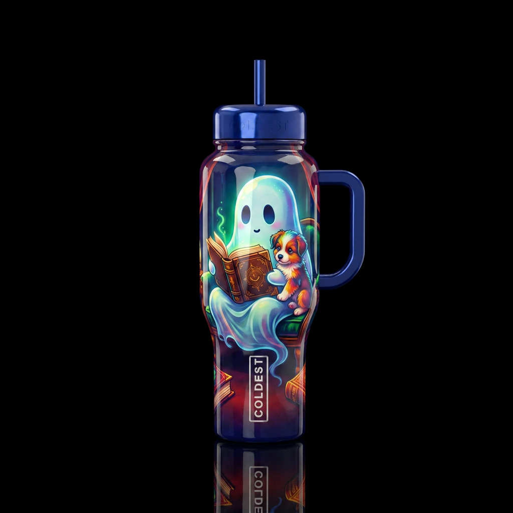 Ghost reading a book holding a puppy, shiny water bottle design