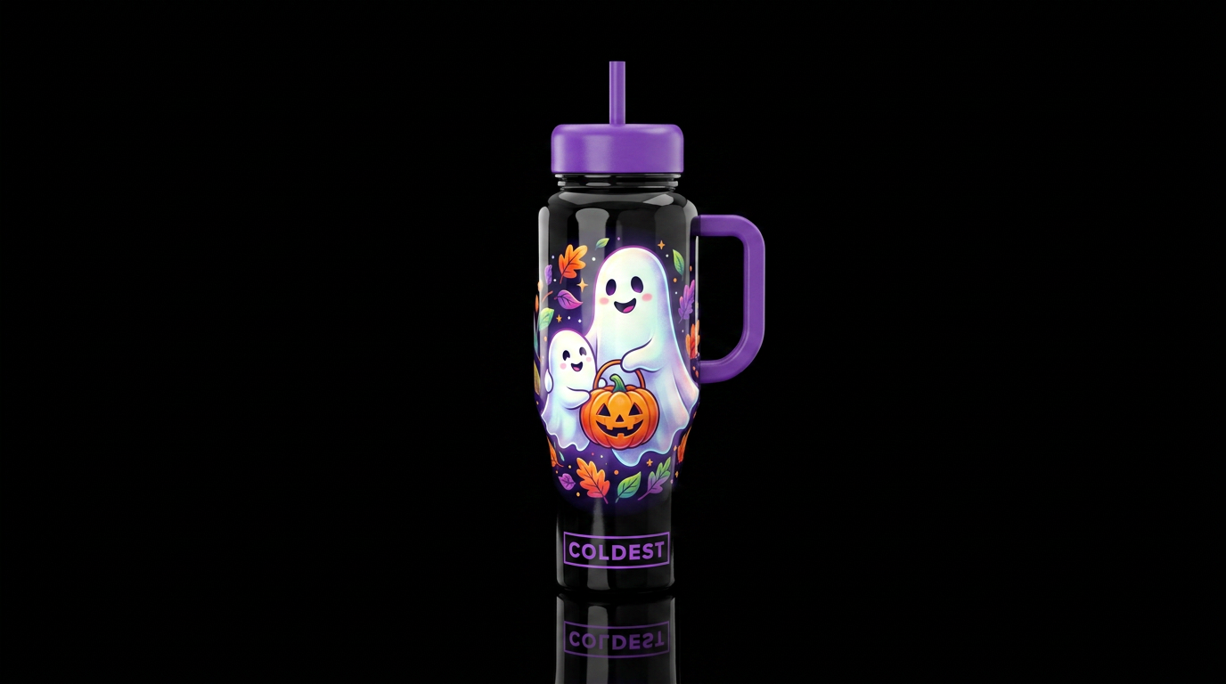Ghost & Ghost child carrying a pumpkin,  shiny water bottle design