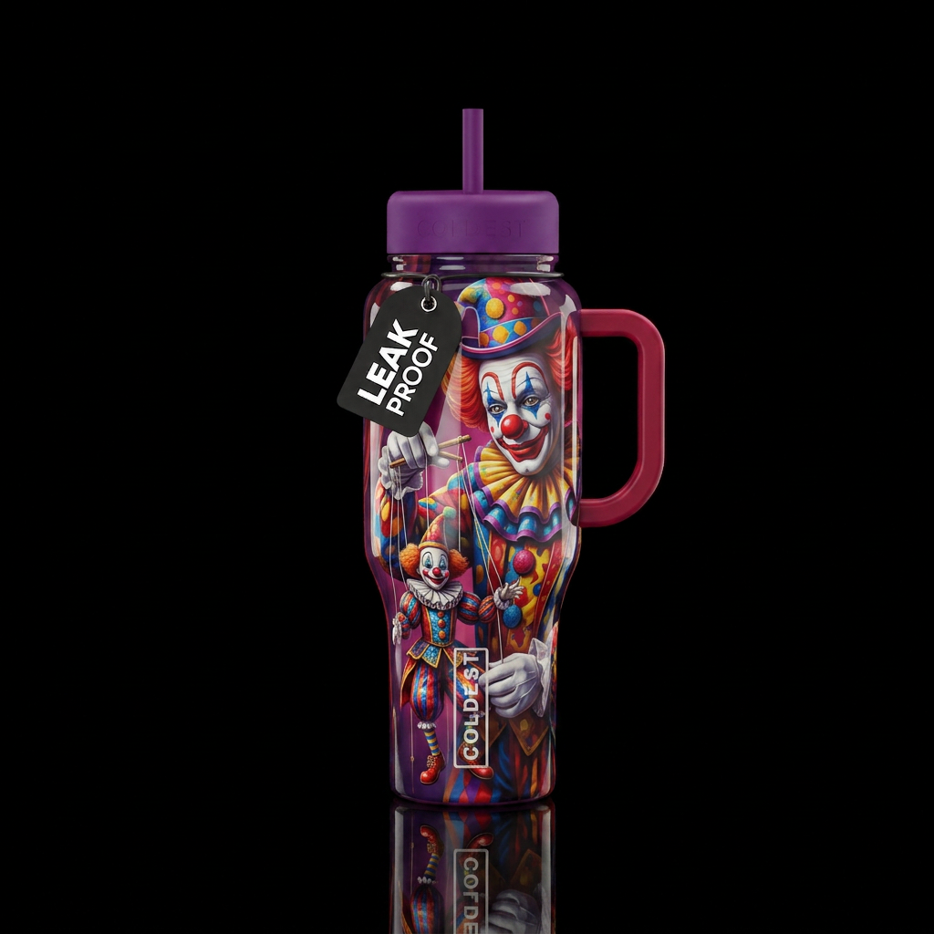 Clown & Puppet,  shiny, realistic water bottle design