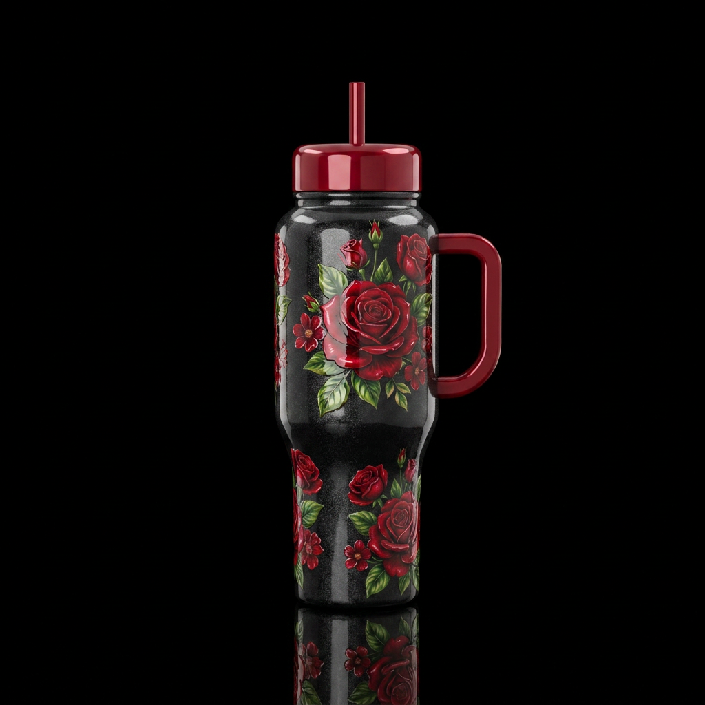 Black bottle shimmery, Red roses & floral, shiny water bottle design