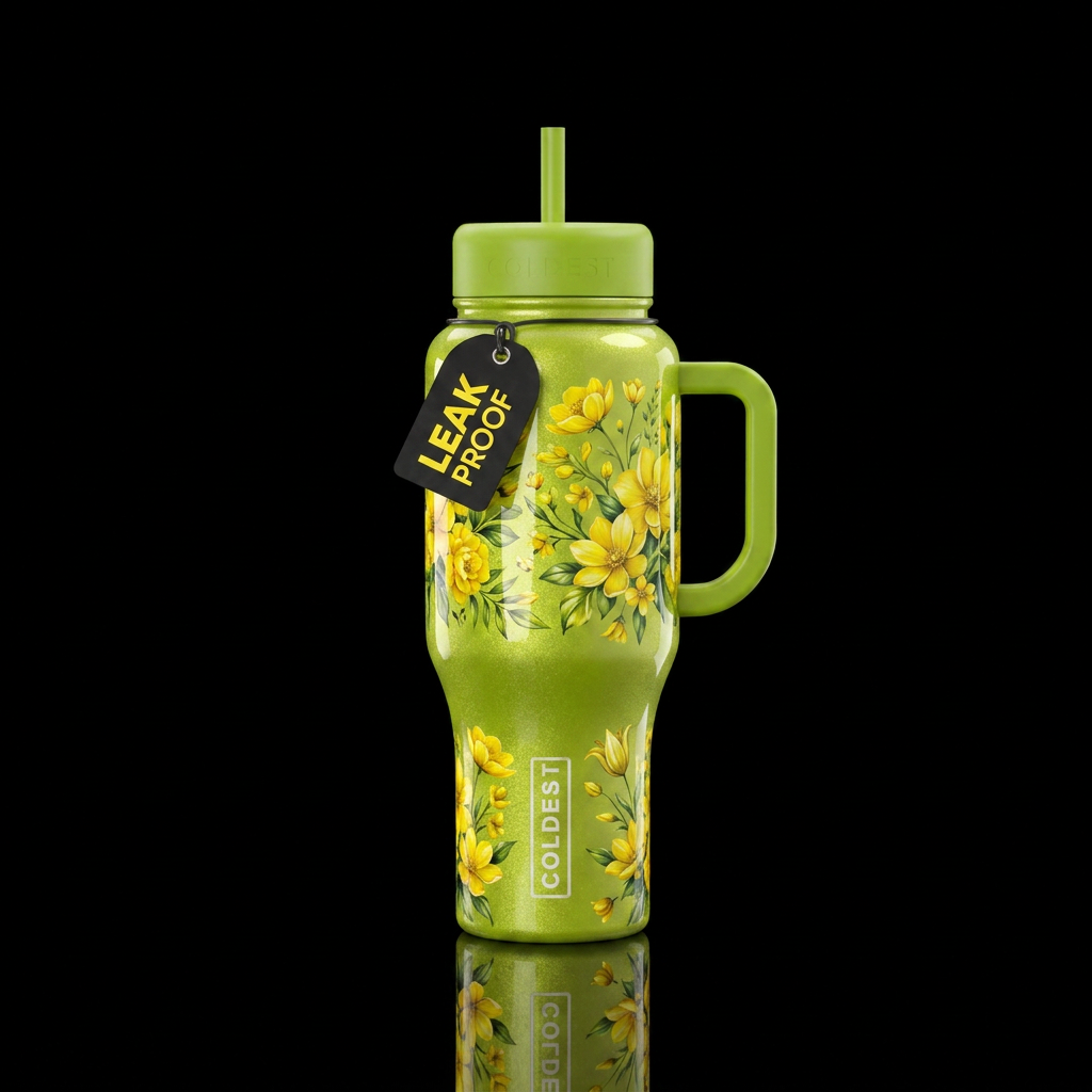 Lime green shimmery bottle, Yellow flower & floral... water bottle design