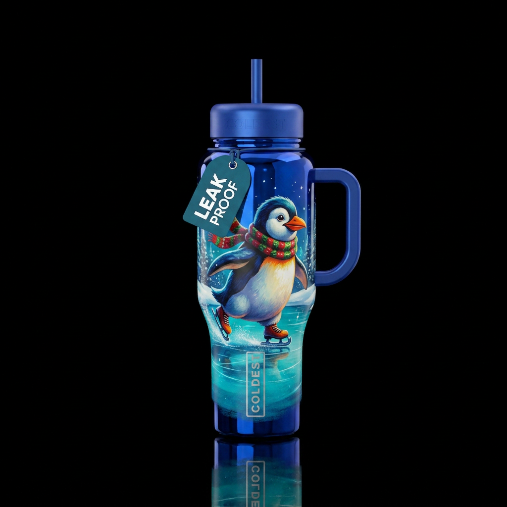 Penguin ice skating,  shiny water bottle design