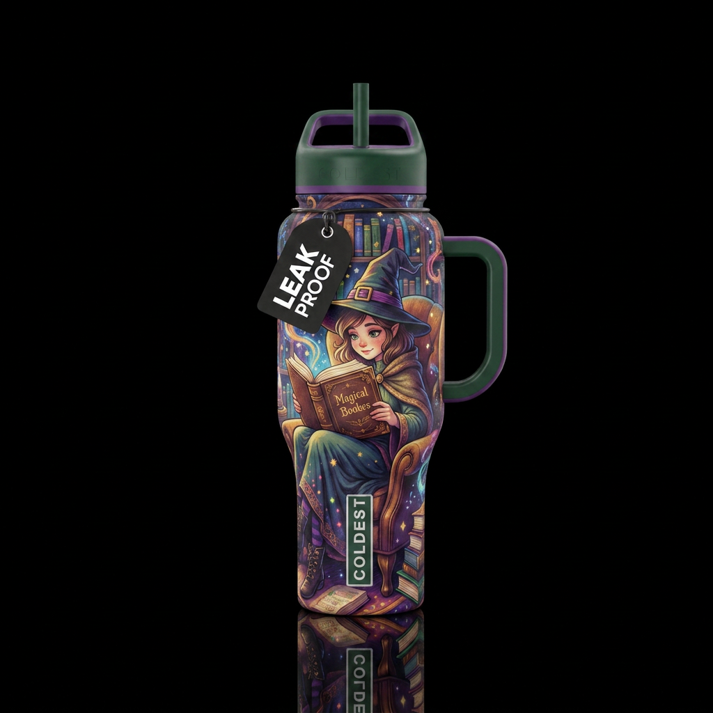 Witch reading a book, Libray water bottle design