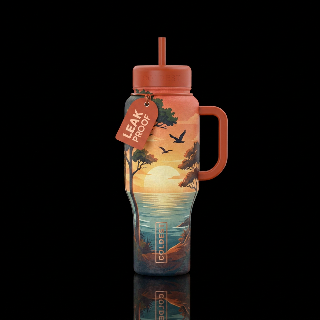 fabric, trees, ocean, 2 birds, sunset water bottle design