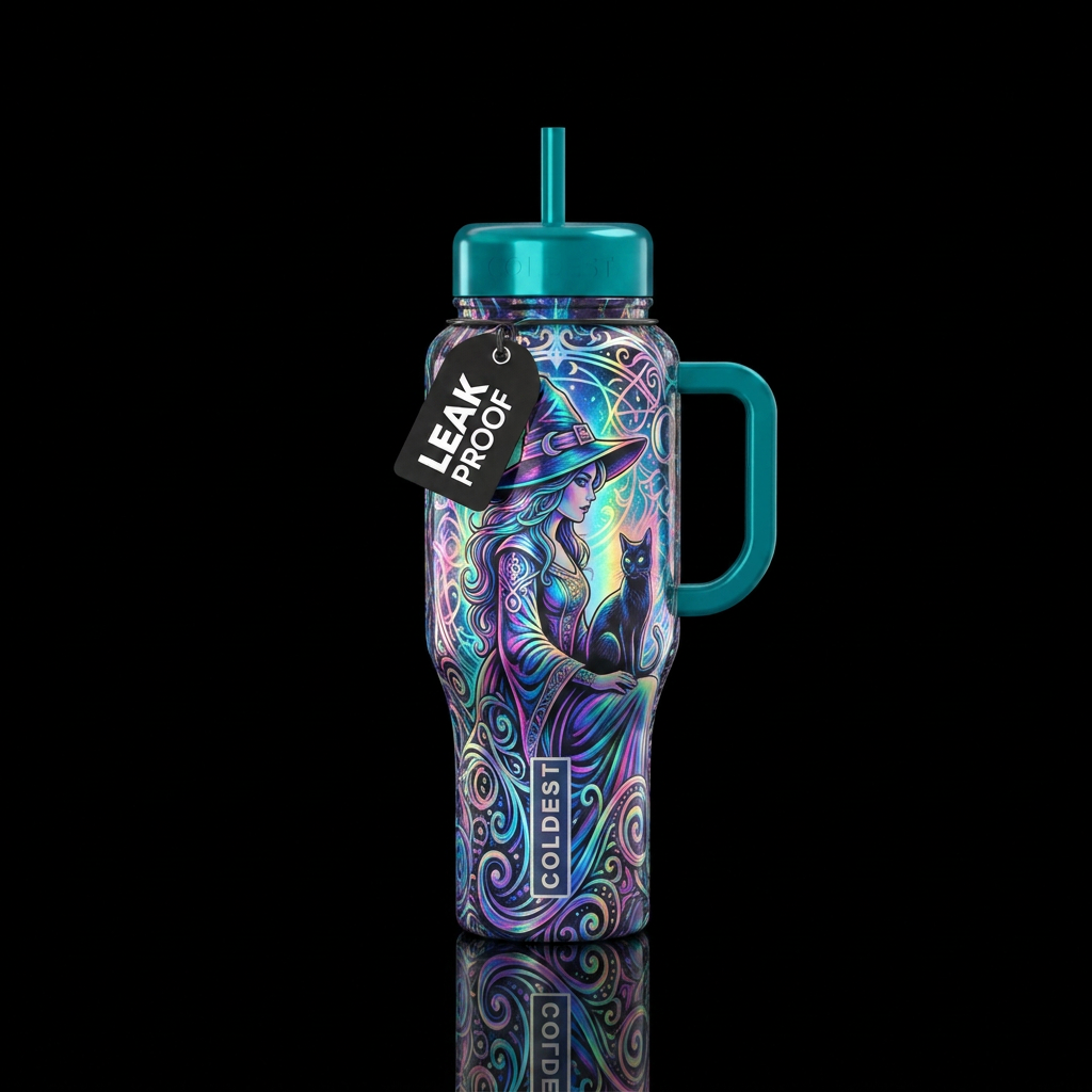 Holographic witch & cat with swirls water bottle design