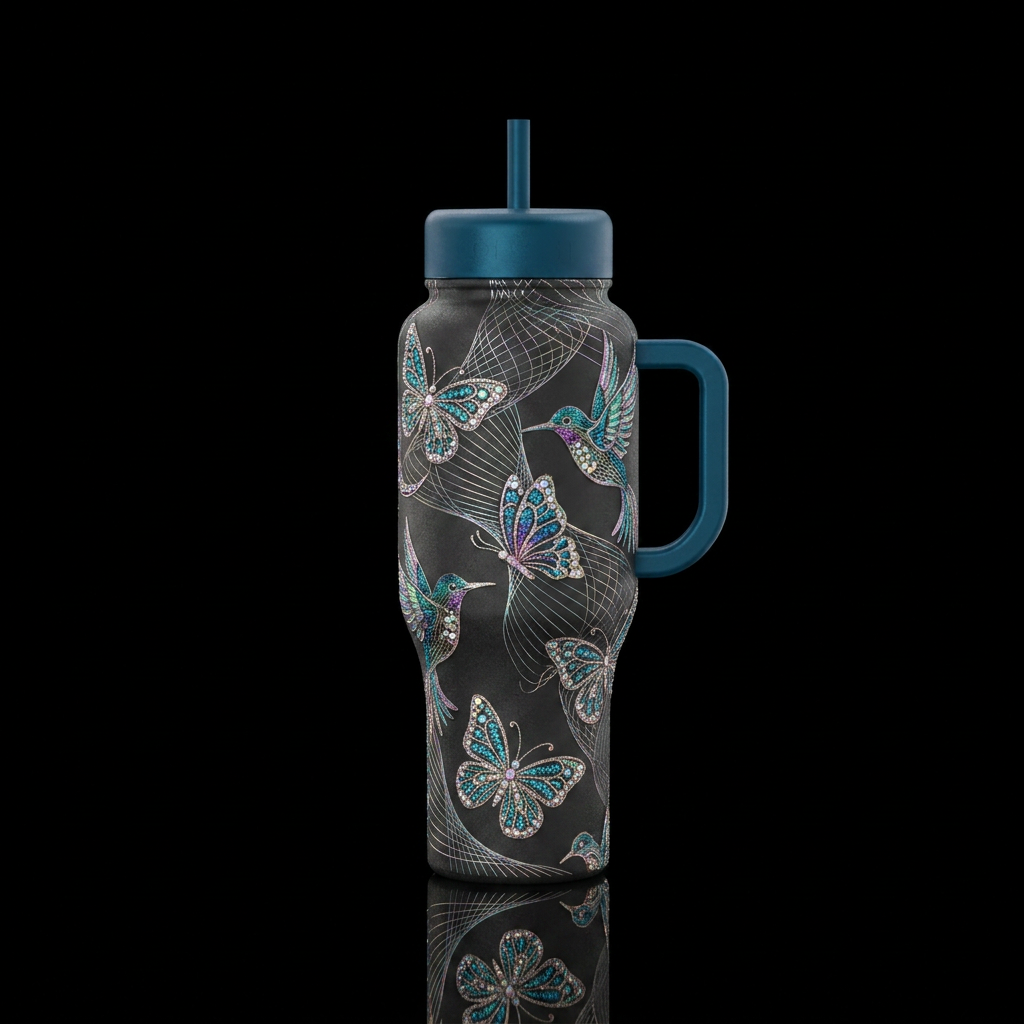 wireframe, sparkly, butterfly, birds water bottle design