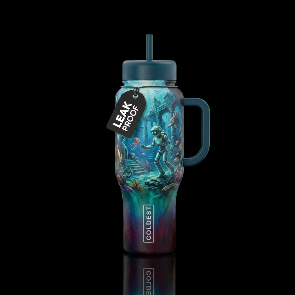 robot, dip dye, fantasy, oil painted, ocean water bottle design