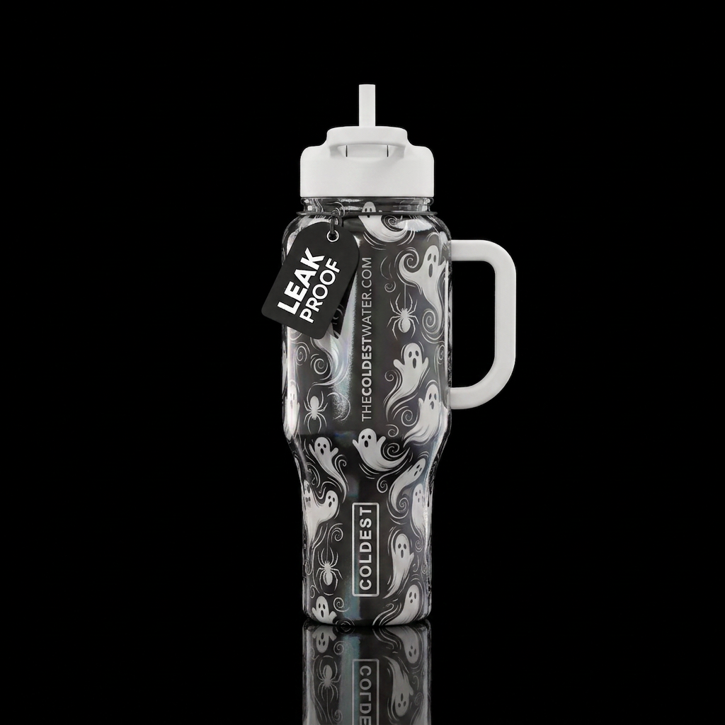White swirled ghost & spider & website, shiny water bottle design