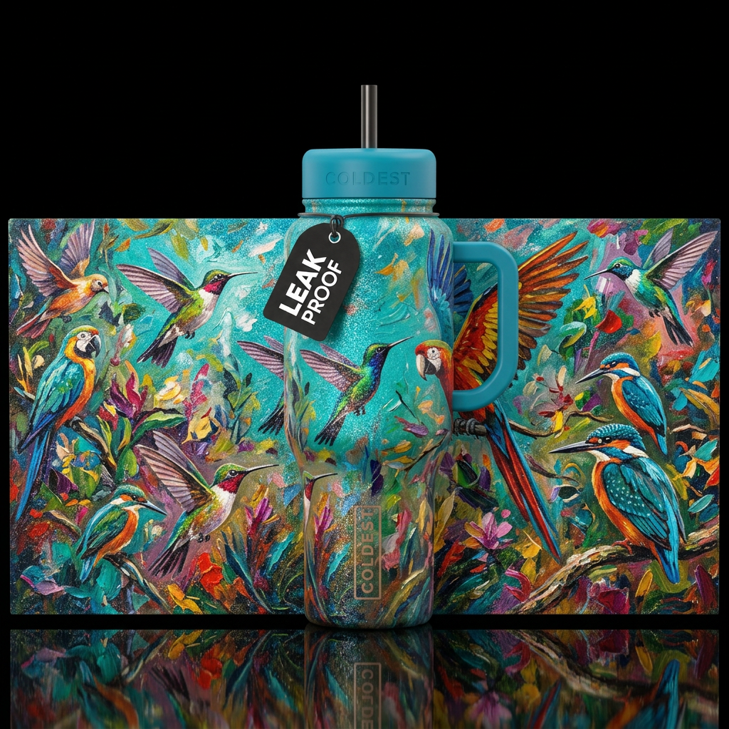 gritty, sparkly, vibrant, birds, oil painted water bottle design