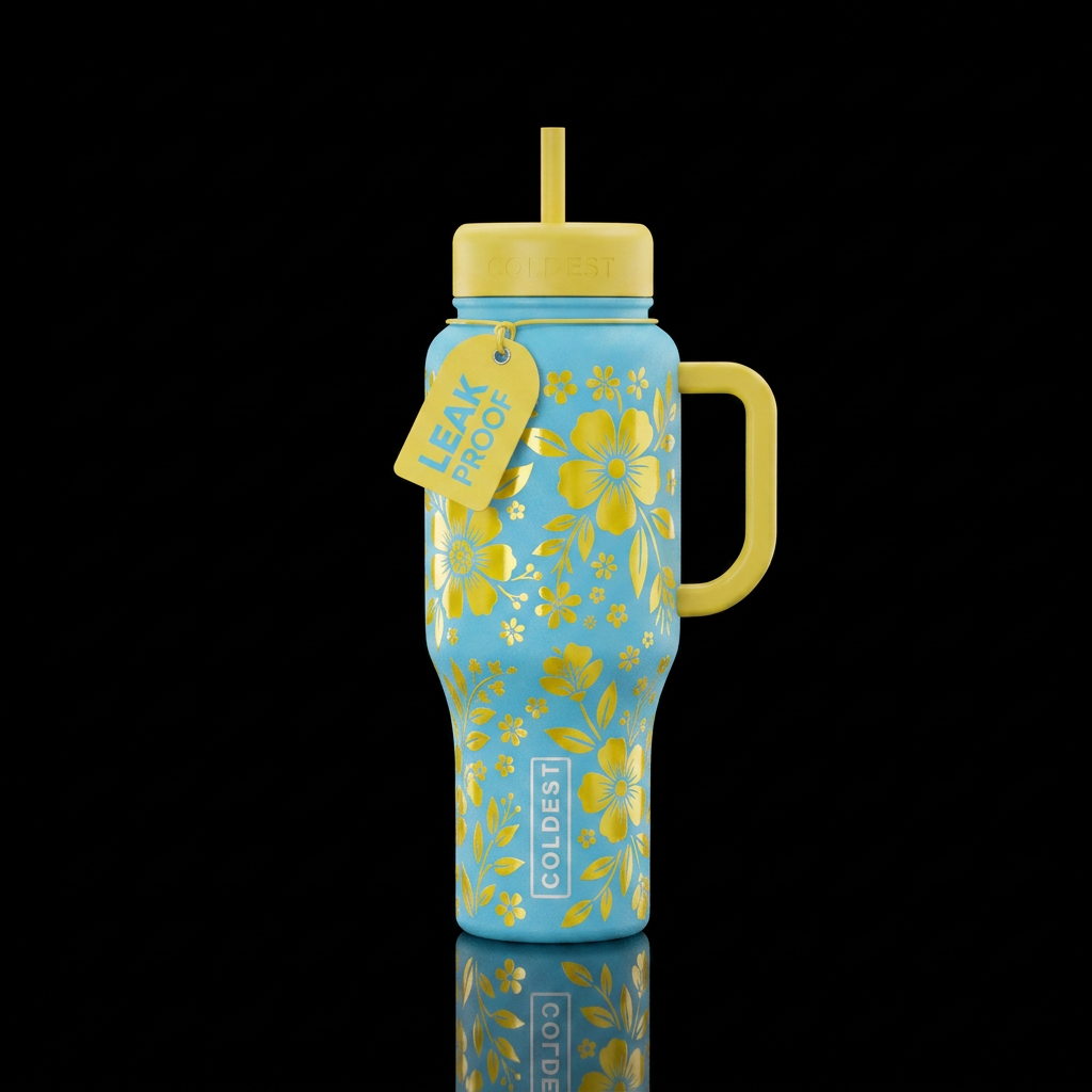 Light blue bottle shiny yellow flowers & floral water bottle design