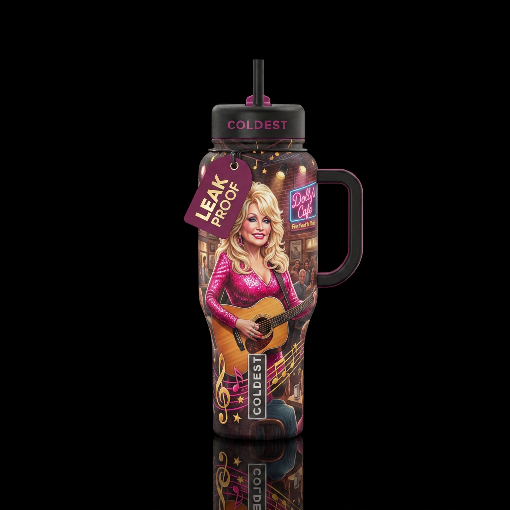 Dolly Parton & restaurant, Music notes, realistic water bottle design