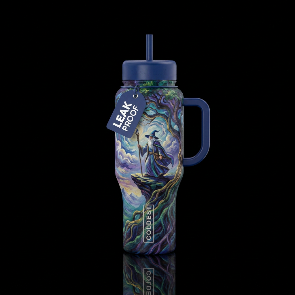 clouds, trees, abstract, wizard, oil painted water bottle design