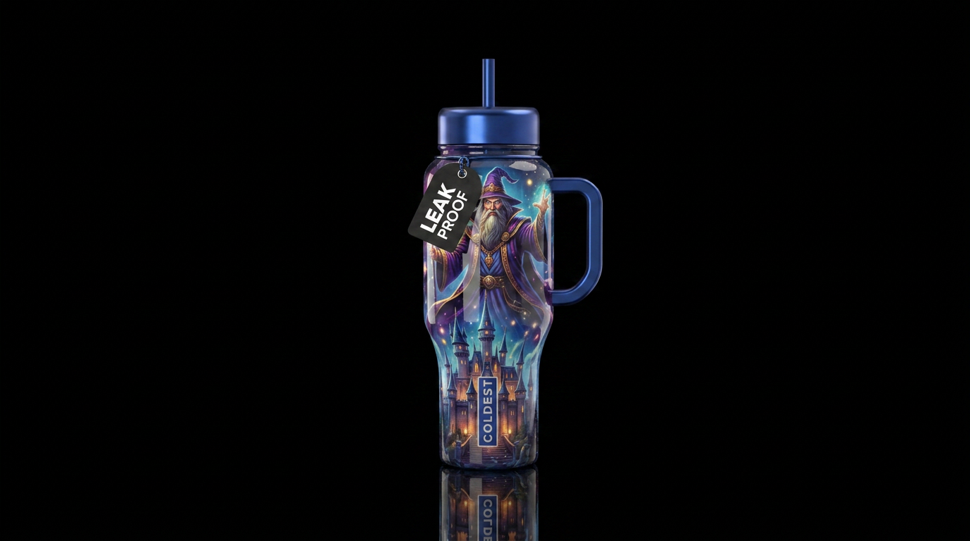 Wizard over the castle,  shiny water bottle design