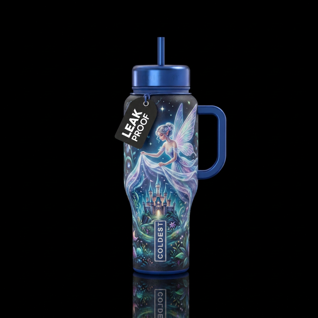 Fairy covering a Castle water bottle design