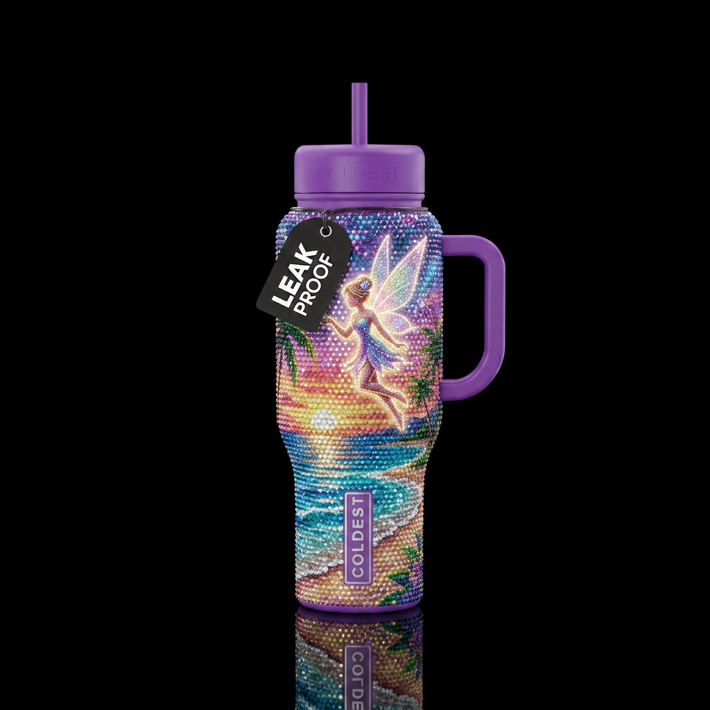rhinestone, fairy, sunset, beach water bottle design