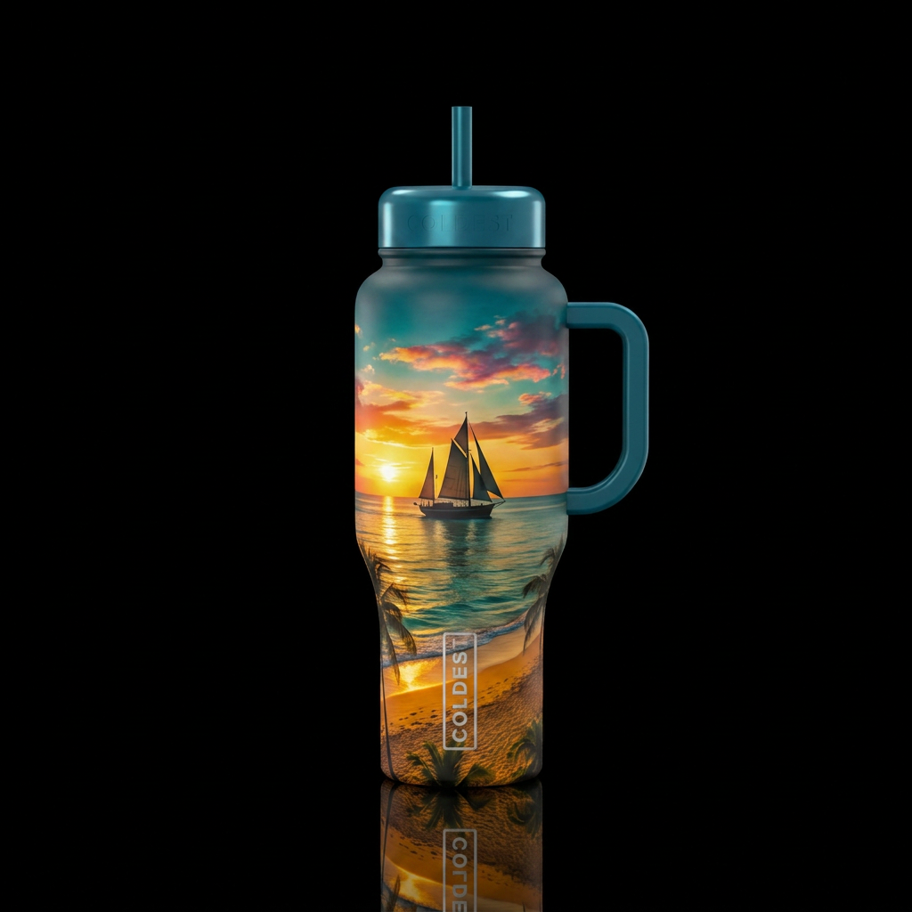 Beach, sunset, sailboat water bottle design