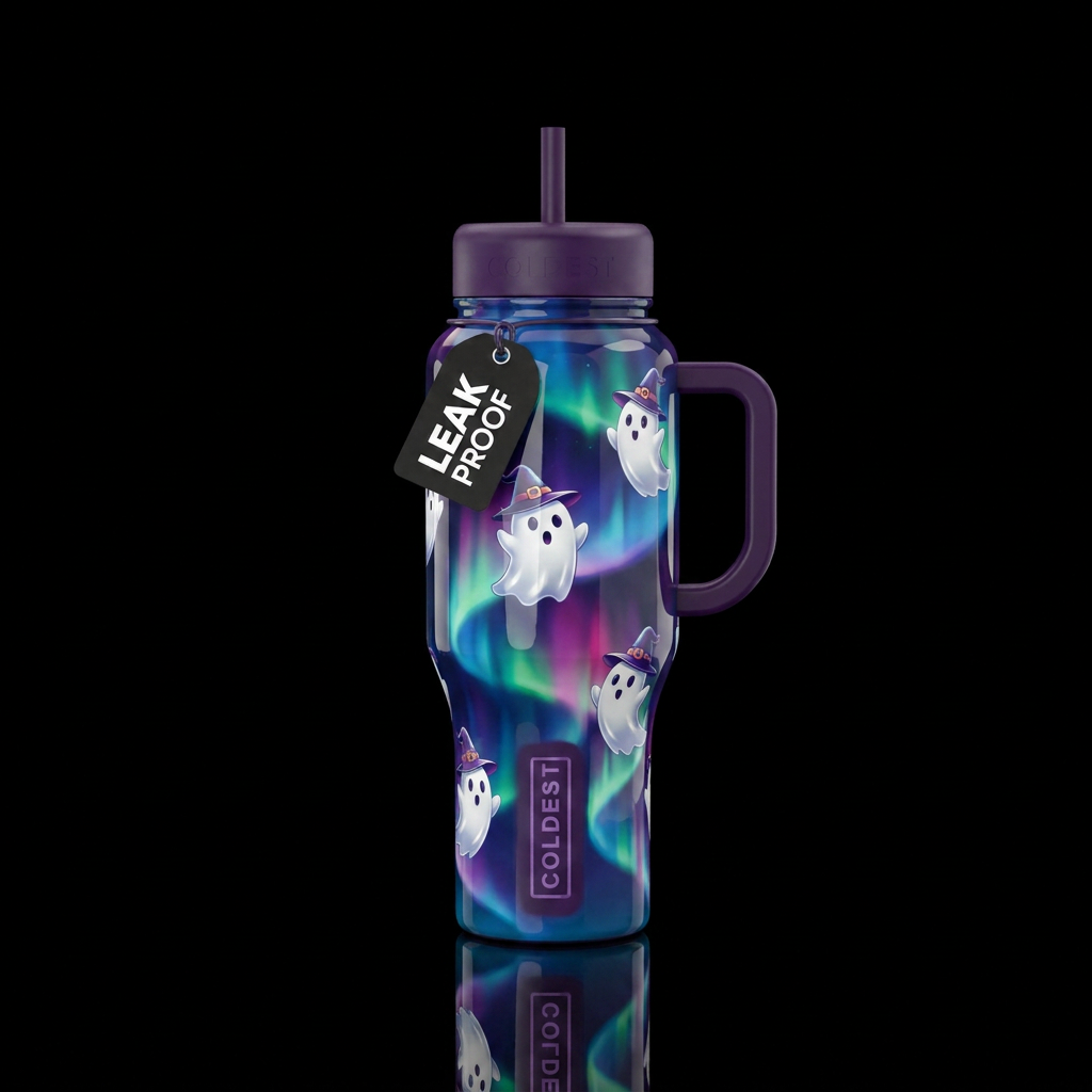 White ghosts w/ witch hat, shiny, northern lights water bottle design