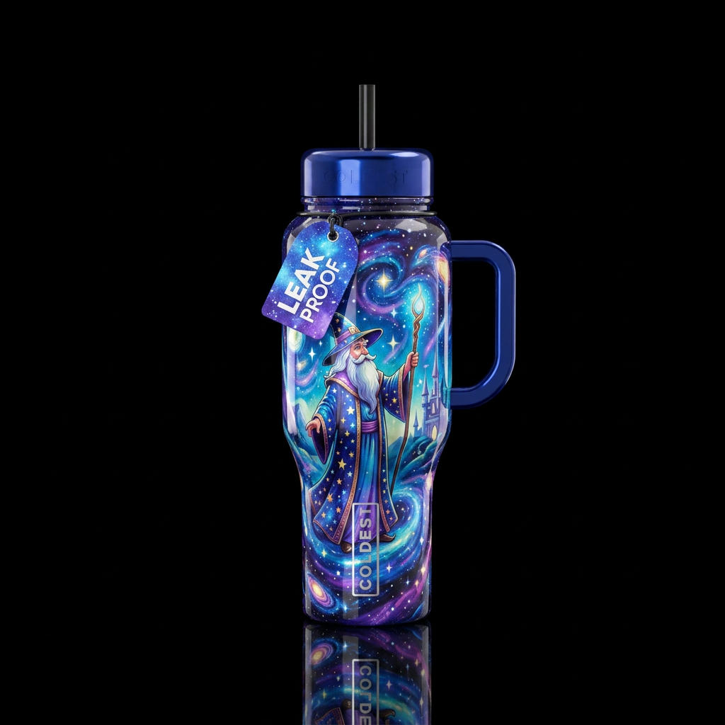 Starry night wizard, shiny water bottle design