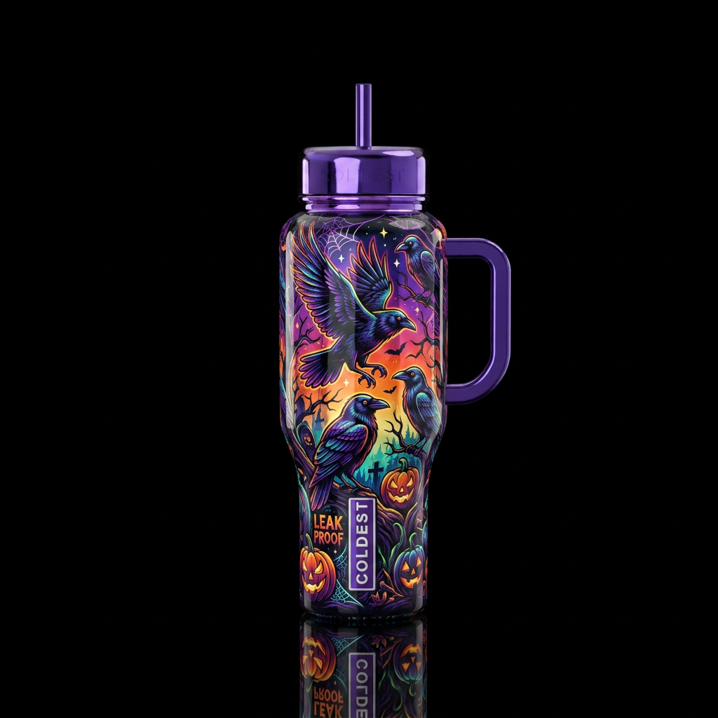 A Crow, Halloween,  shiny water bottle design