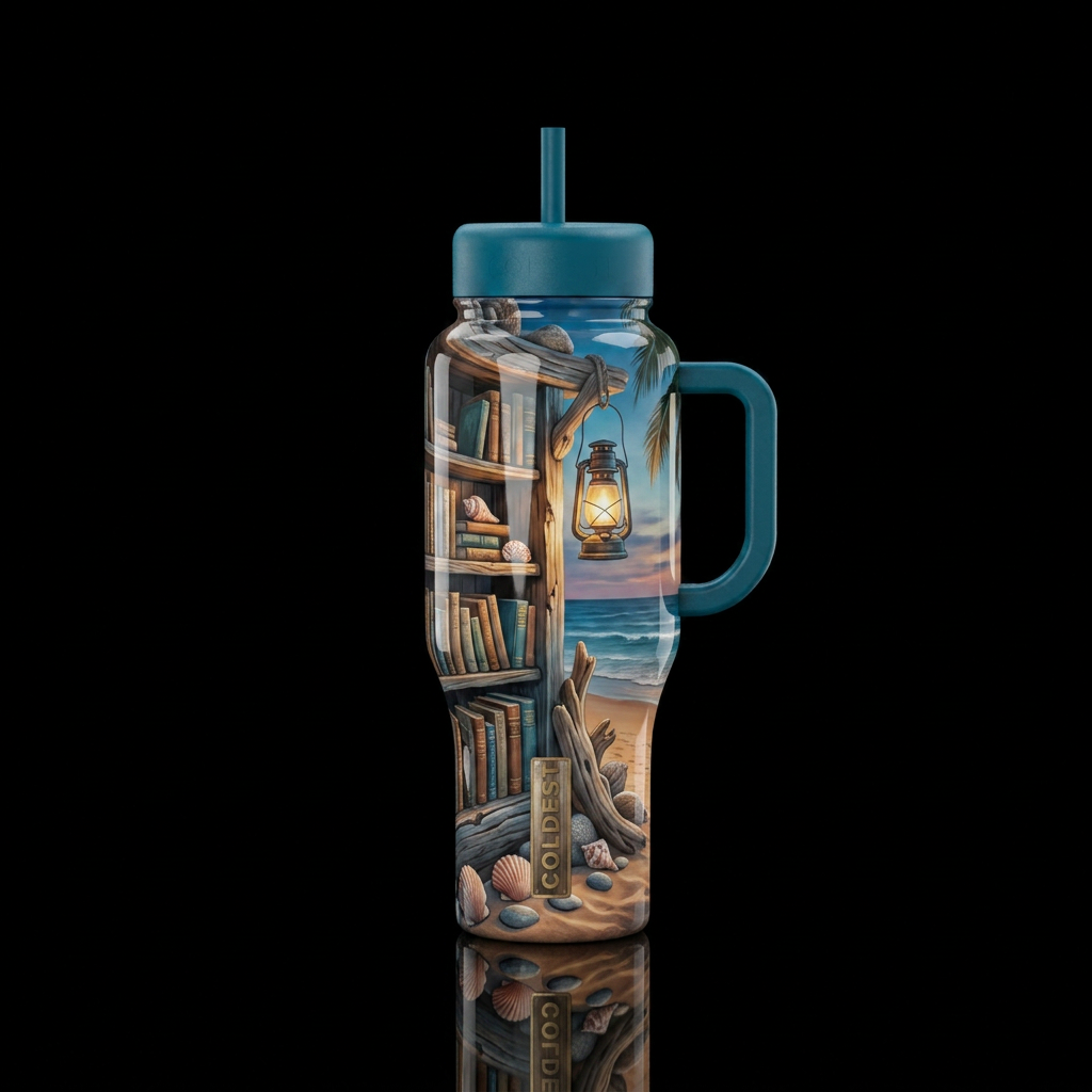 Beach outdoor library,  seashells, Lantern, shiny water bottle design
