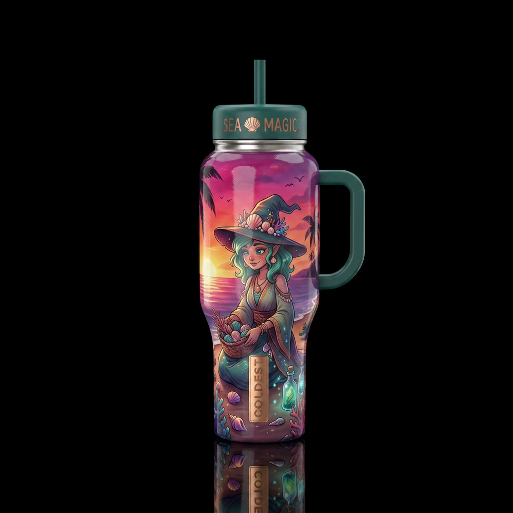 Beach witch, shiny, sunset, show front & back water bottle design