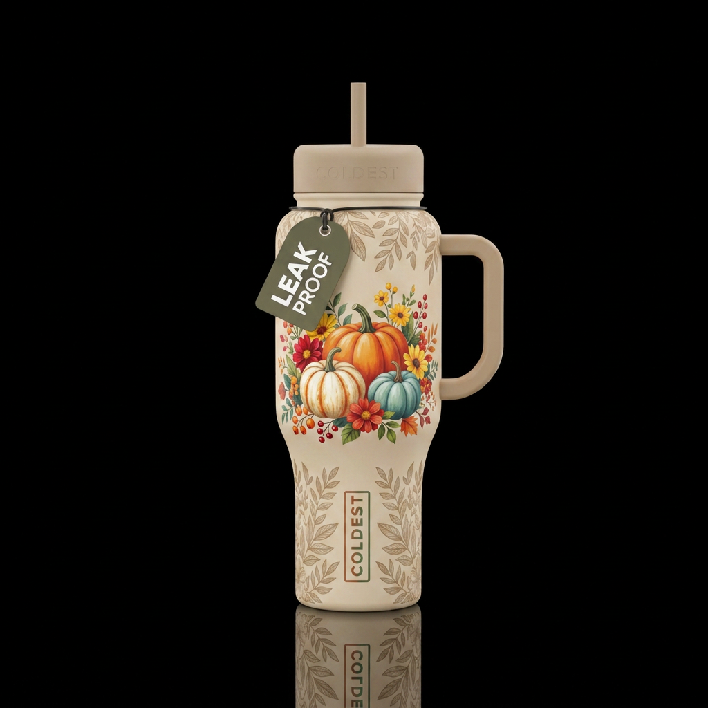 Baige bottle, 3 pumpkins,  flowers & floral, middl... water bottle design