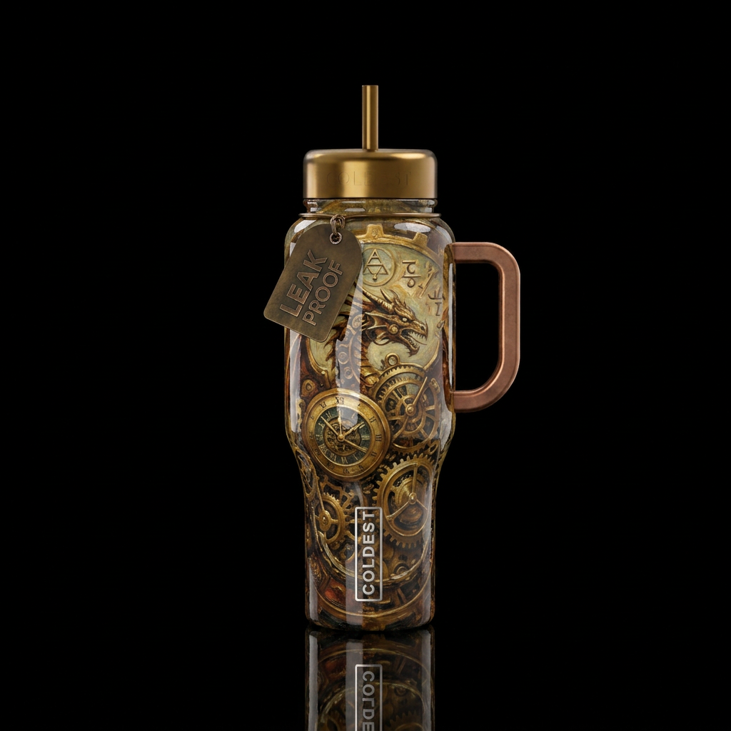 clockpunk, old, oil painted, mythical, shiny water bottle design
