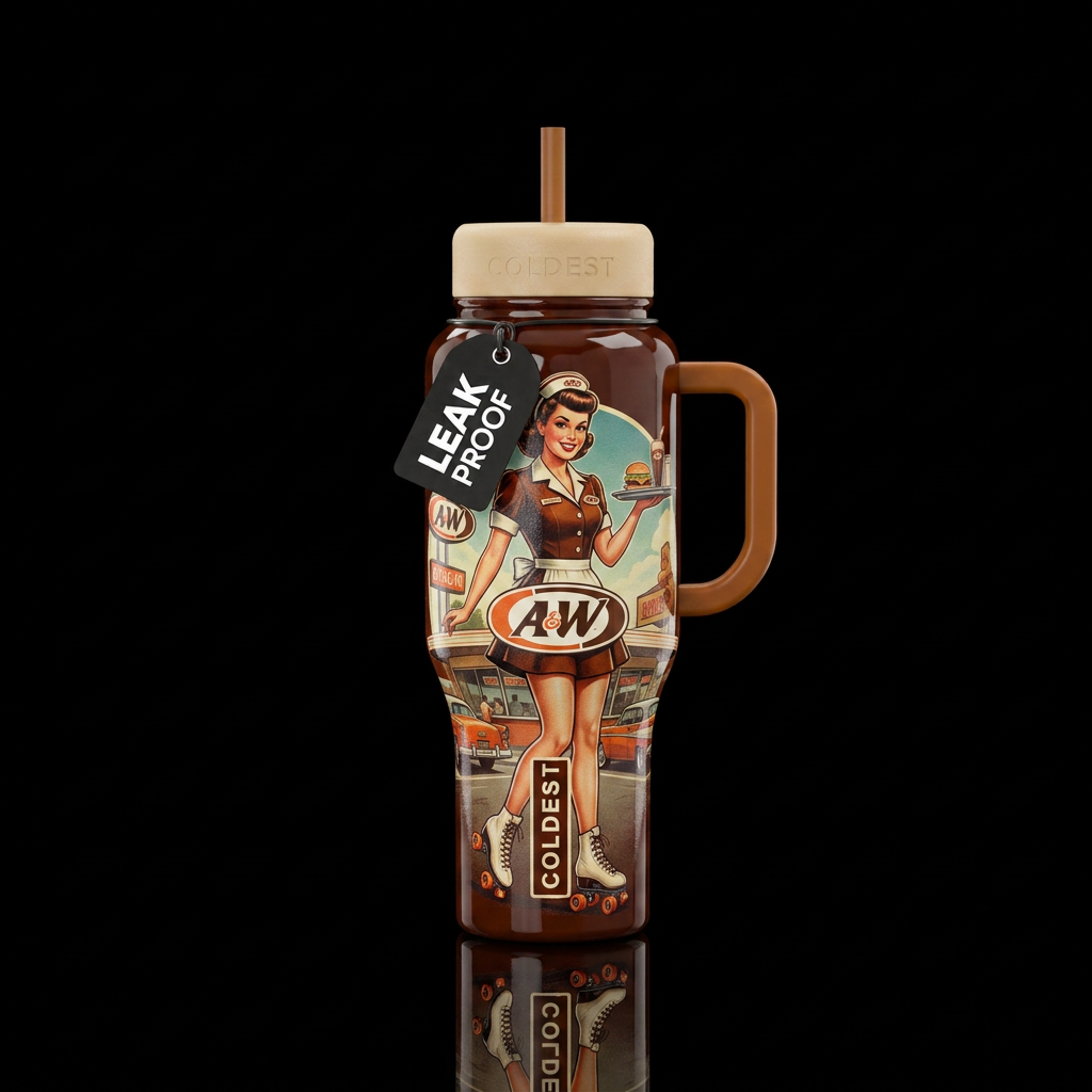 Skating waitress,  A&W, shiny, textured water bottle design